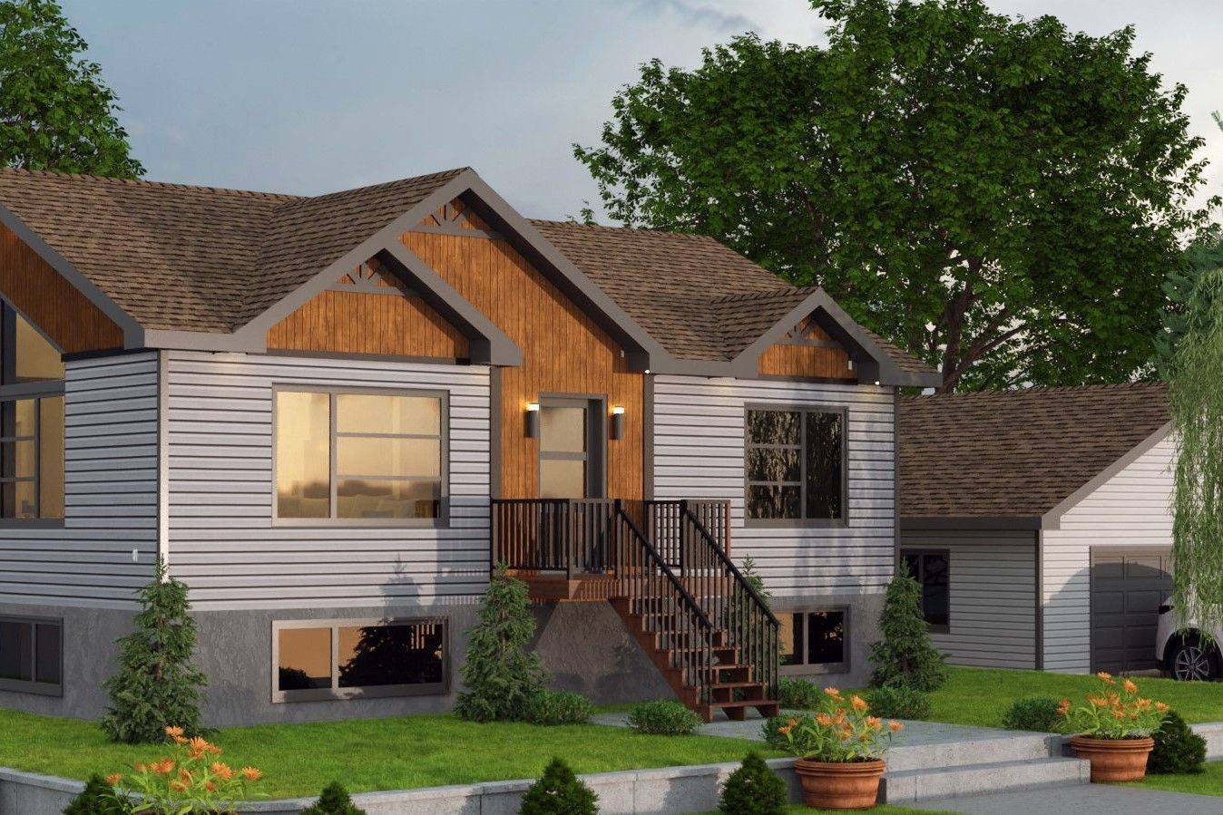Le modèle Rivard : fenestration en A sur deux étages, revêtement de bois et de panneaux clairs
